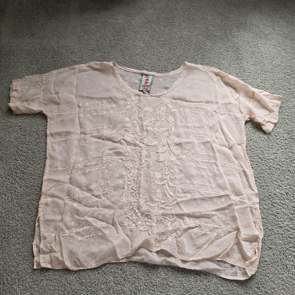 Johnny Was Blouse Womens Medium Pink Vegan Silk Embroidered Sheer Tunic Boho Top